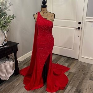 Red Prom Dress, Long w/ Side Slit, Shoulder Train, Beading, Sz 6, No Alterations